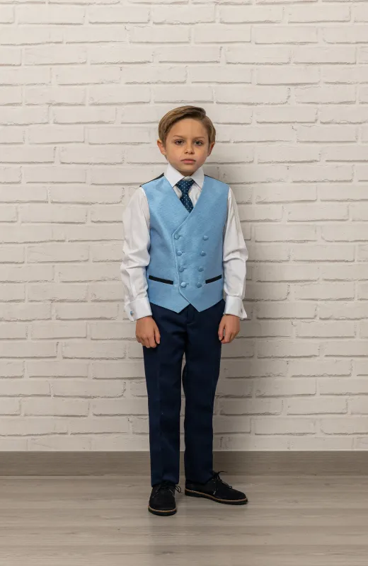 Clásico, limpio, inolvidable Traje de Comunión Almirante azul, con chaqueta, chaleco y corbata, camisa y pantalón