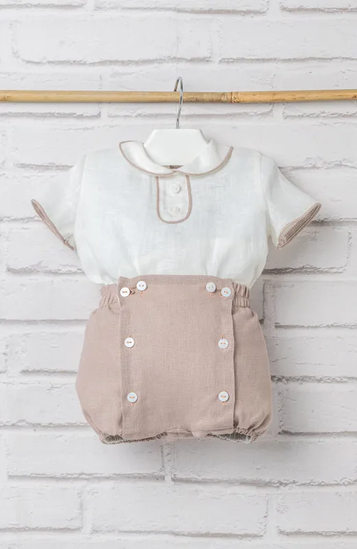 Traje lino bebé ceremonia rosado con cuello bebé, ideal para Bautizo y Arras