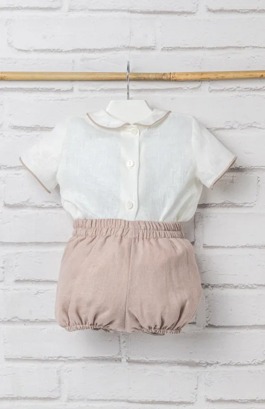 Conjunto lino bebé Martín rosado Traje lino bebé ceremonia rosado con cuello bebé, con camisa y pantalón corto