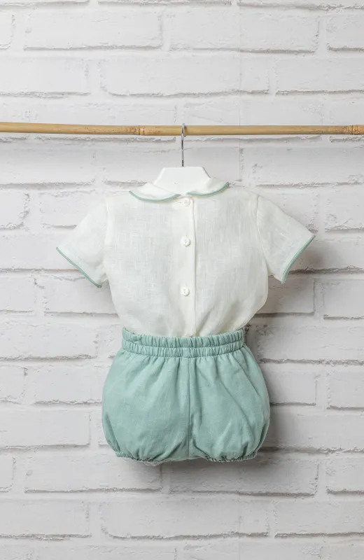 Conjunto lino bebé Mateo verde Traje lino bebé ceremonia verde con cuello bebé, con camisa y pantalón corto