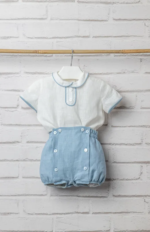 Traje lino bebé ceremonia celeste con cuello bebé , ideal para Bautizo