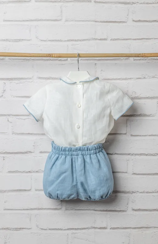 Conjunto lino bebé Lucas celeste Traje lino bebé ceremonia celeste con cuello bebé, con camisa y pantalón corto