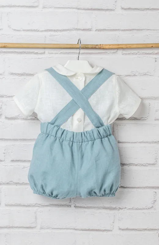 Conjunto lino bebé Juanin Traje lino niño bebé con tirantes color océano, con camisa cuello bebé y pantalón corto bombacho