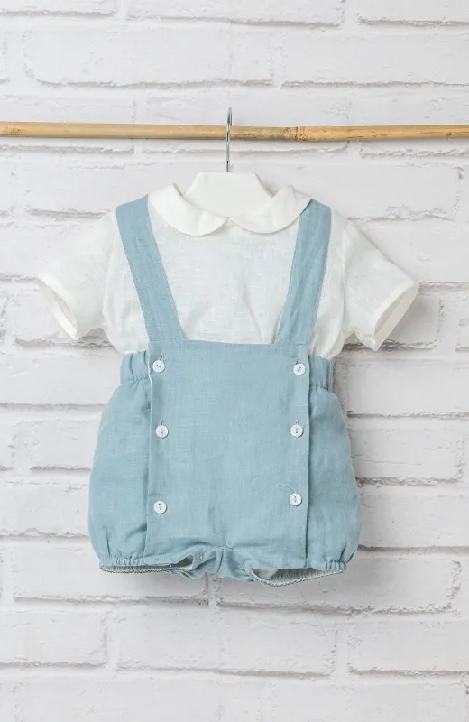 Traje lino niño bebé con tirantes color océano, ideal para Bautizo o vestir para ceremonia infantil