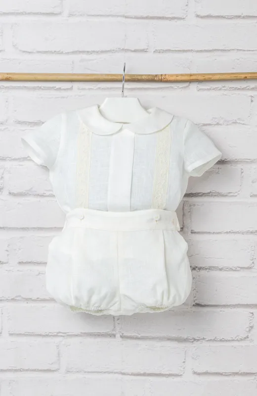 Traje Bautizo niño lino con cuello bebé color crudo, ideal para Bautizo infantil