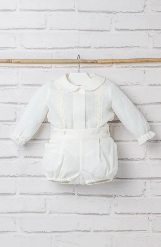 Traje Bautizo niño lino con cuello bebé color crudo de manga larga, ideal para Bautizo