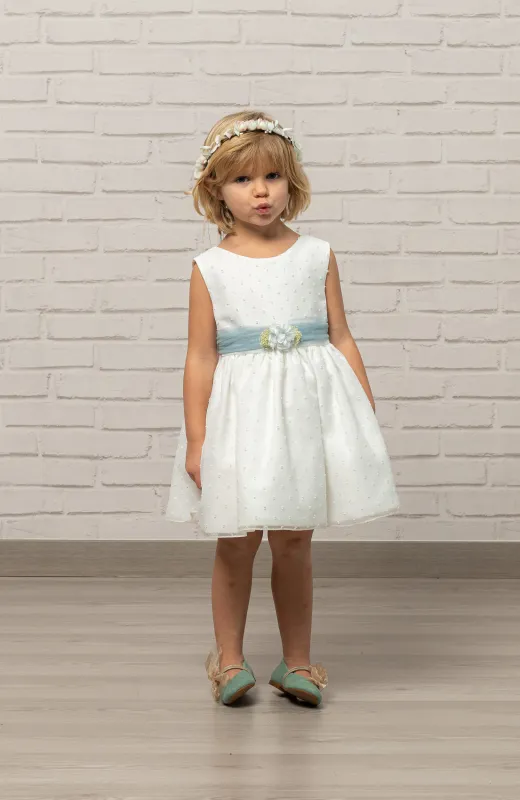 Vestido niña Arras plumeti fajín verde con detalle floral