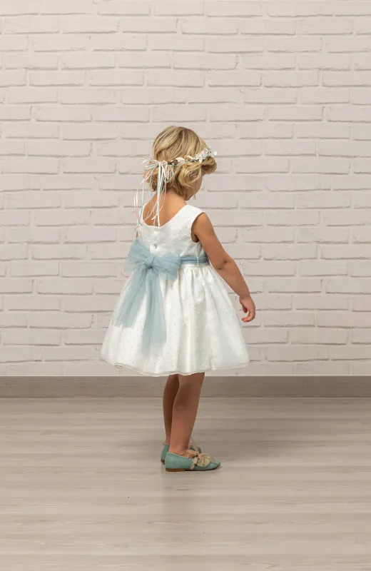 Vestido niña Arras plumeti fajín verde sin manga