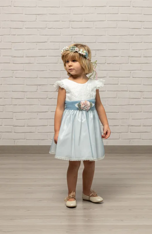 Para caminar con pétalos y estilo Vestido niña Ceremonia falda azul y cuerpo en blanco roto bordado