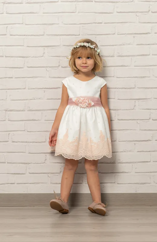 Vestido niña bordado ceremonia con fajín rosa