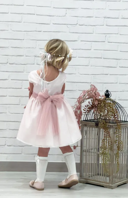 Vestido niña de ceremonia topos rosas con escote en espalda