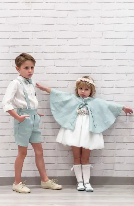 Vestido niña Ceremonia manga francesa fajín verde ideal para niña de Arrascon capa lino a juego