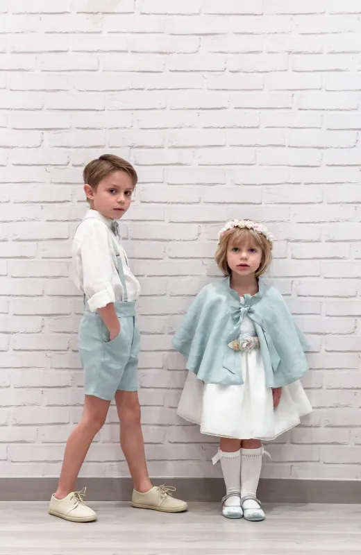 Vestido niña Arras de plumeti con manga francesa y fajín azul con hermano a juego