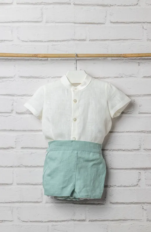 Traje lino niño bebé elegante verde, ideal para ceremonia y vestir