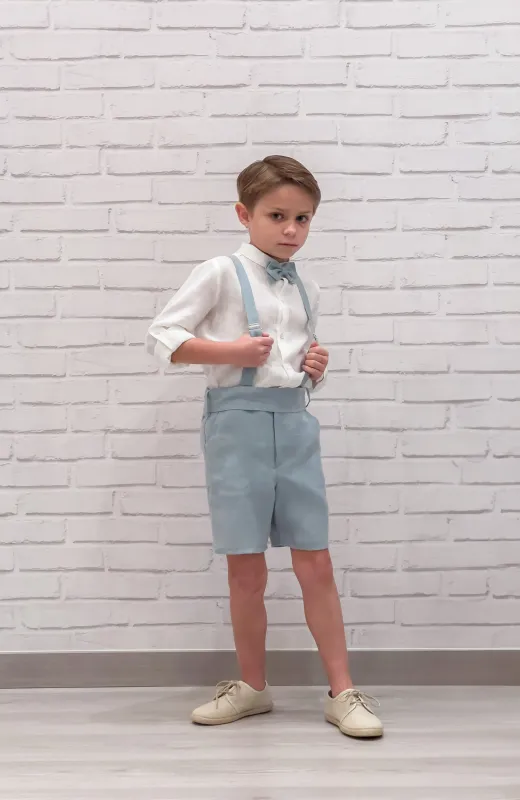 Estilo a la altura del evento Traje elegante niño lino océano, con tirantes y pajarita