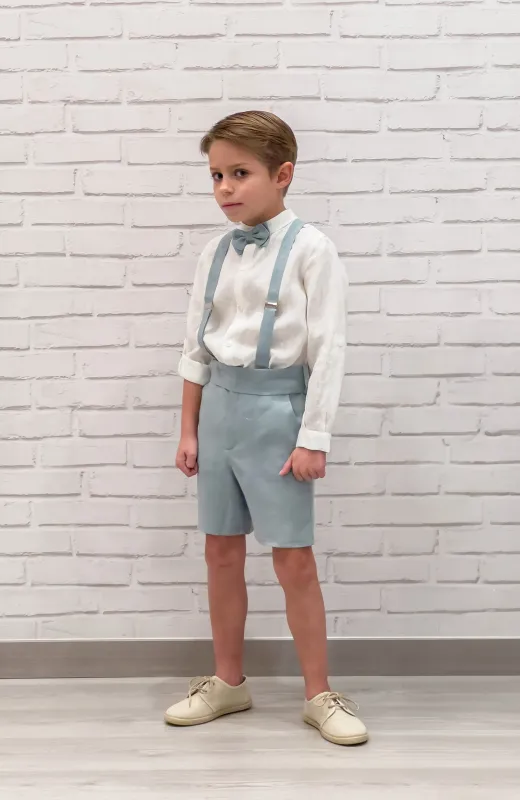 Así se viste su papel Traje elegante niño lino océano, con pajarita y tirantes al tono