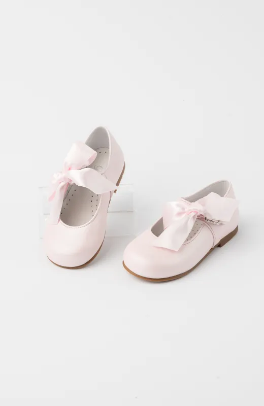 Zapatos niña ceremonia lazo raso rosa baby, de piel blandita