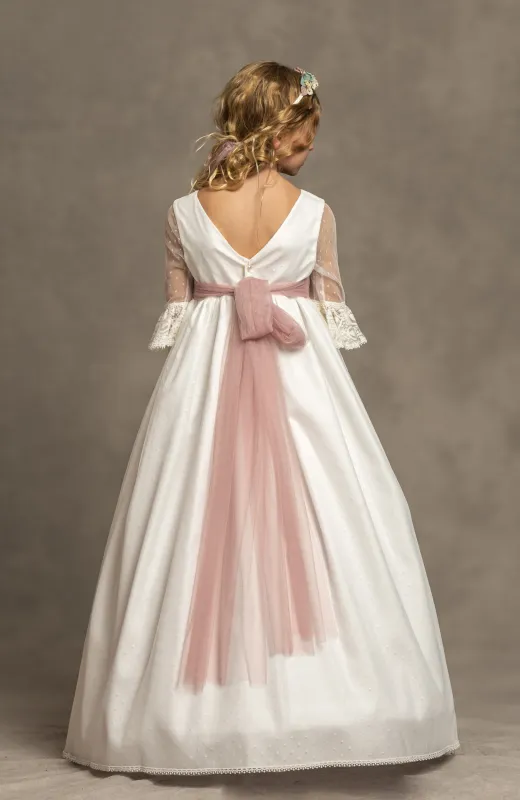 Vestido Comunión niña plumeti fajin rosa