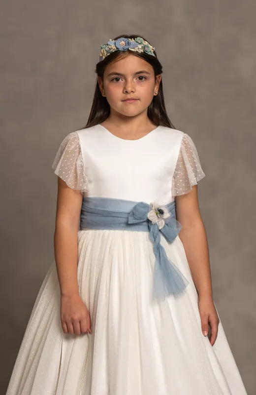 Vestido de Comunión niña Outlet con fajín azul