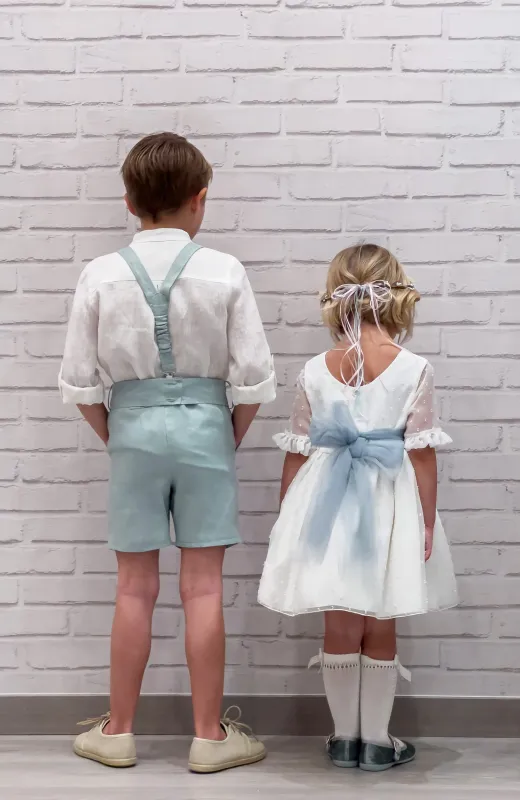 Una celebración vestida de infancia Traje elegante niño lino color verde, a juego con vestido de hermana