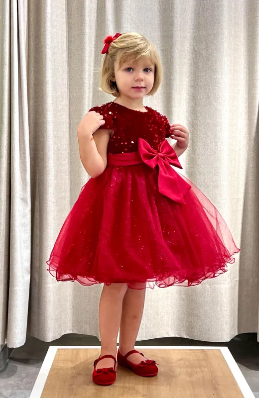 Vestido niña lentejuelas fiesta rojo con falda de brillo