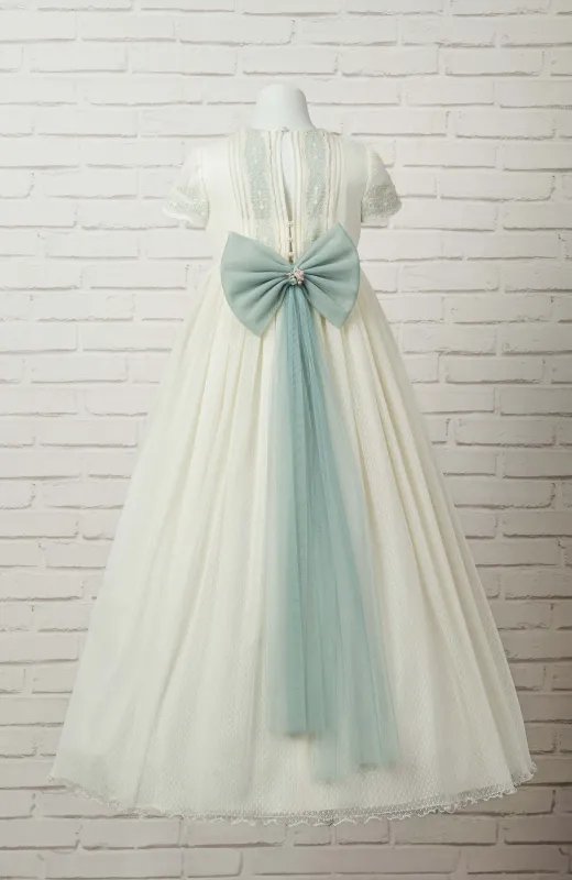 Vestido de Comunión niña Outlet detalles y lazo en verde