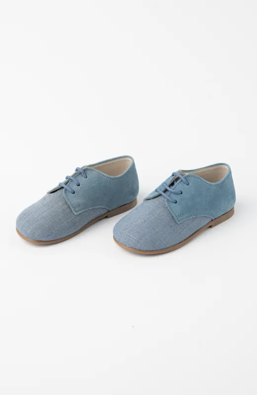 Zapato niño vestir de lino y ante azul, ideales para Bautizo y Arras