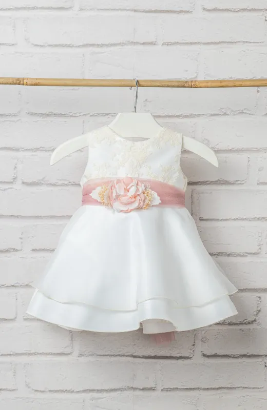 Un clásico que acaricia Vestido bautizo niña bebé falda capa fajín rosa cuerpo bordado, ideal para ceremonia infantil