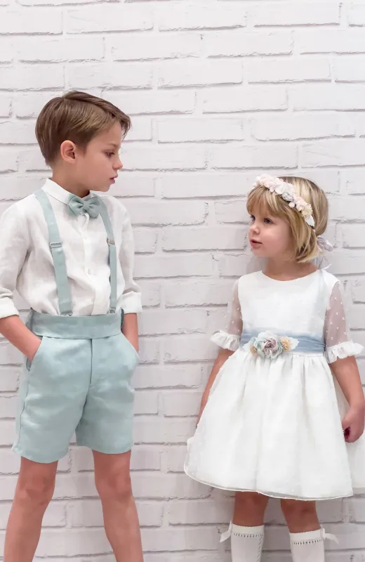 Vestido niña Ceremonia manga francesa fajín verde a juego con hermano