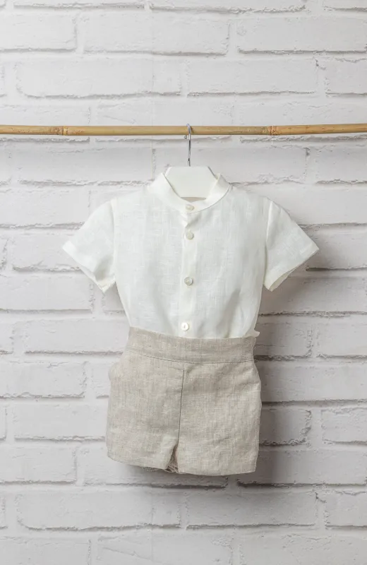 Traje lino niño bebé elegante tostado, ideal para Bautizo infantil