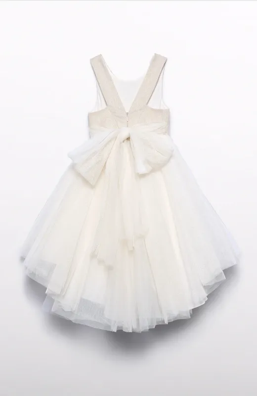 Ideal para llevar anillos y sonrisas Vestido de princesa dorado con brillo con espalda abierta, ideal para ceremonia infantil