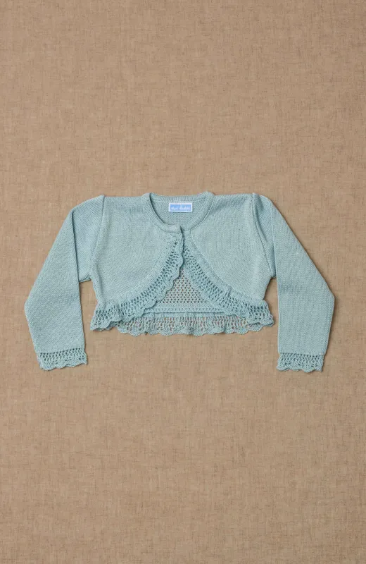 La calidez también se diseña Chaqueta niña bebe vestir verde, ideal para ceremonia infantil