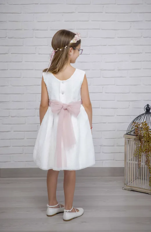 Vestido niña plumeti sin mangas con fajín rosa Iria