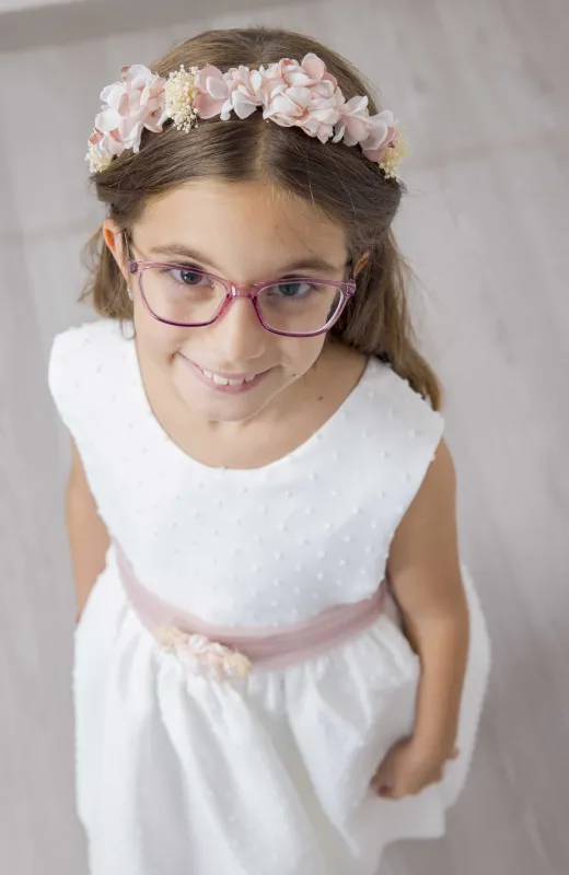 Vestido niña plumeti sin mangas con fajín rosa Iria