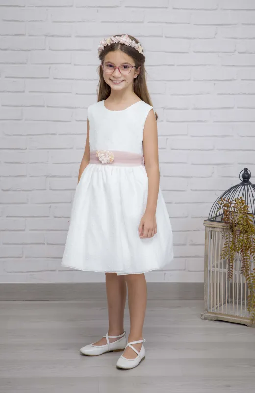 Vestido niña plumeti sin mangas con fajín rosa Iria