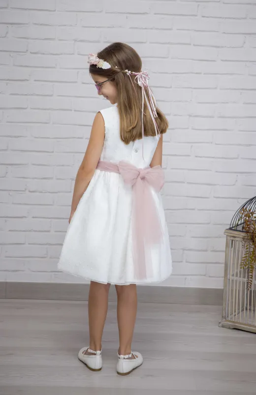 Vestido niña plumeti sin mangas con fajín rosa Iria