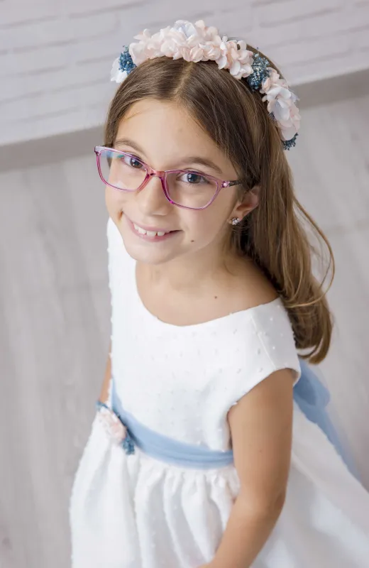 Vestido niña ceremonia plumeti fajín azul Iria