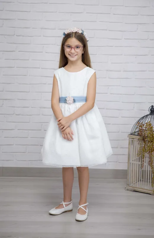 Vestido niña ceremonia plumeti fajín azul Iria