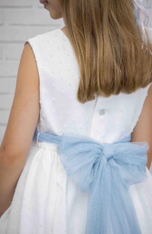 Vestido niña ceremonia plumeti fajín azul Iria