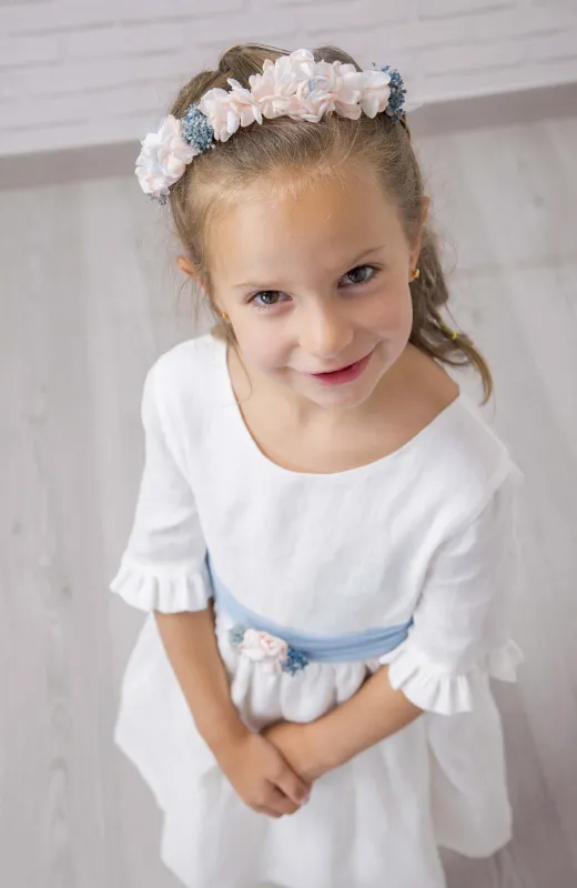 Vestido niña Arras lino fajín azul Lua Vestido niña Arras lino fajín azul Lua