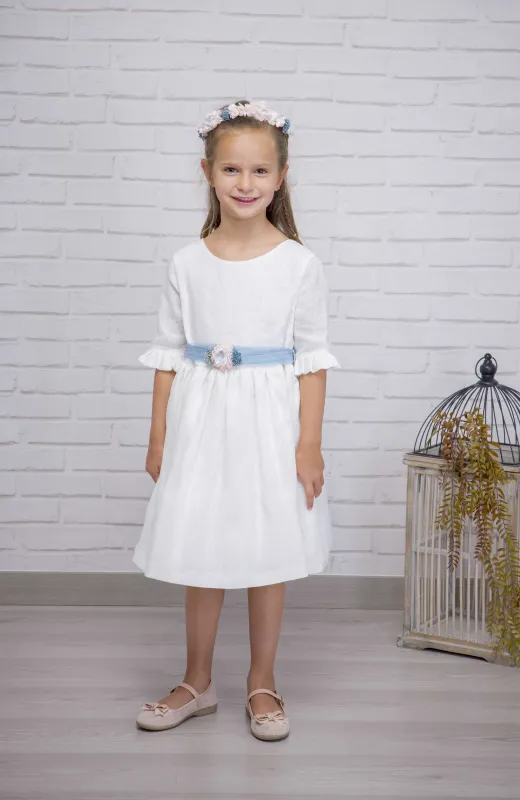 Vestido niña Arras lino fajín azul Lua