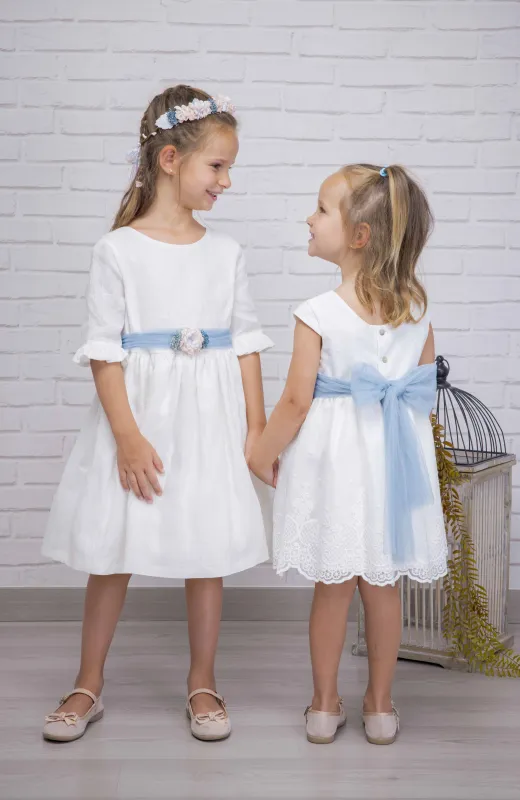 Vestido niña Arras lino fajín azul Lua