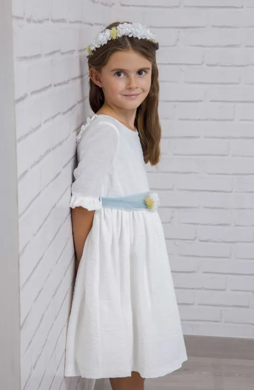 Vestido niña Arras de bambula manga francesa fajín verde Elia