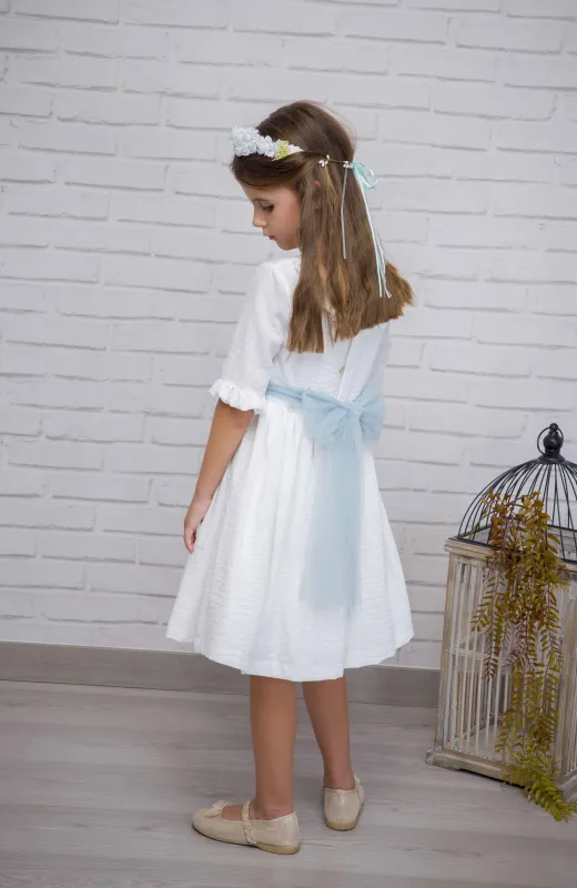 Vestido niña Arras de bambula manga francesa fajín verde Elia