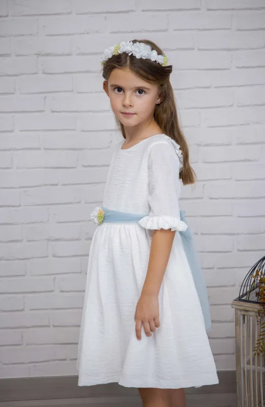 Vestido niña Arras de bambula manga francesa fajín verde Elia Vestido niña Arras de bambula manga francesa fajín verde Elia