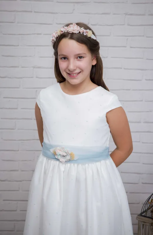 Vestido niña ceremonia bordado fajín verde Inés