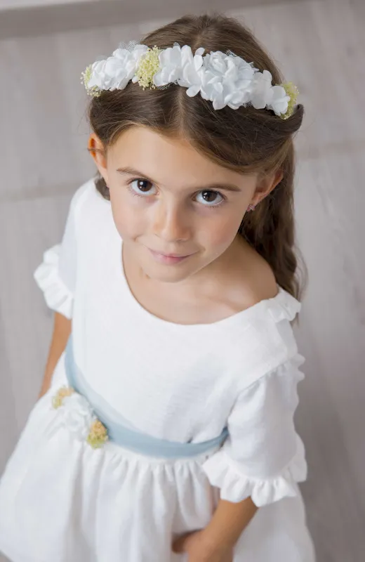 Vestido niña Arras de bambula manga francesa fajín verde Elia Vestido niña Arras de bambula manga francesa fajín verde Elia