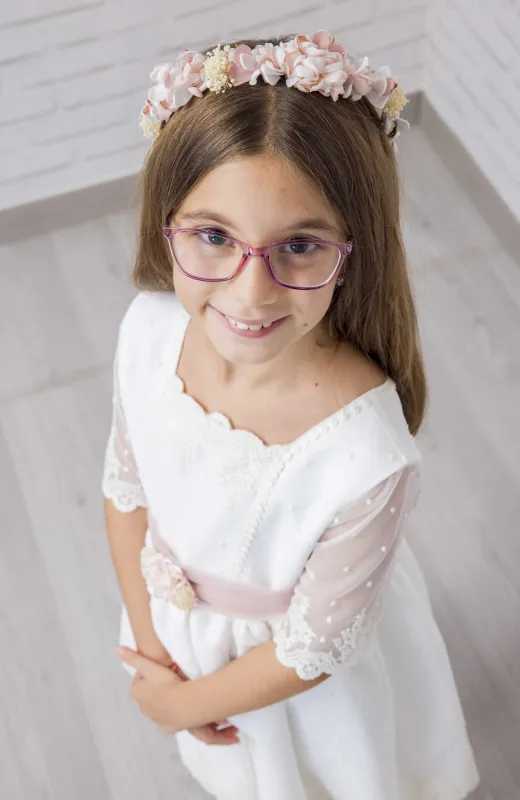 Vestido Arras niña con fajín rosa Kiara Vestido Arras niña con fajín rosa Kiara