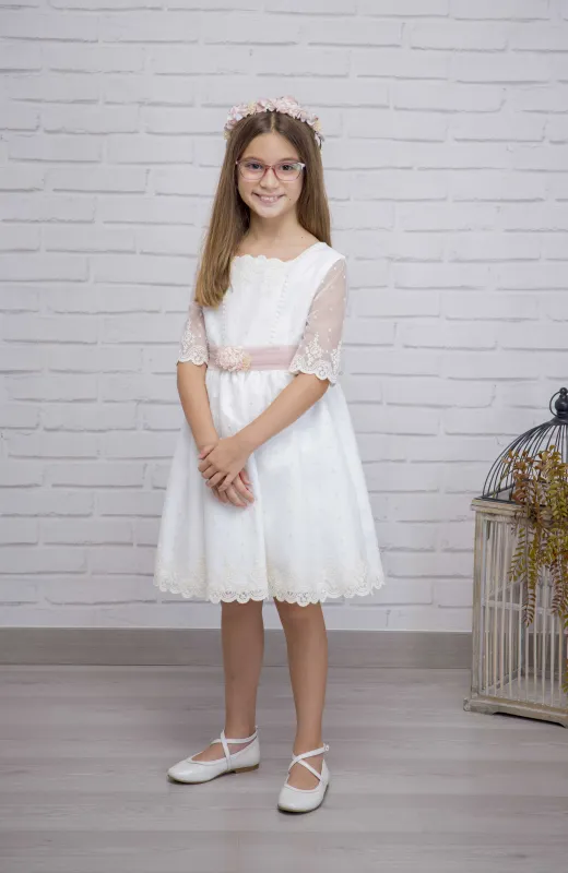 Vestido Arras niña con fajín rosa Kiara