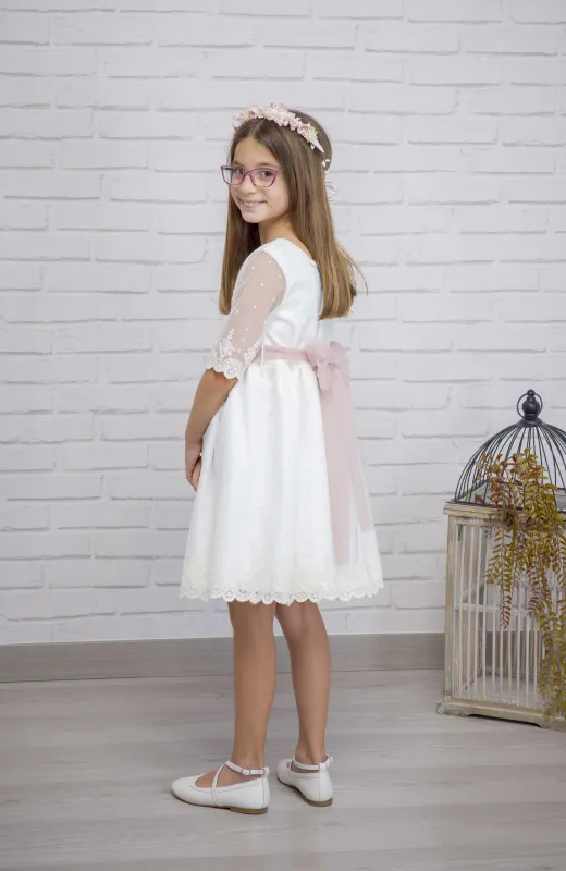 Vestido Arras niña con fajín rosa Kiara Vestido Arras niña con fajín rosa Kiara